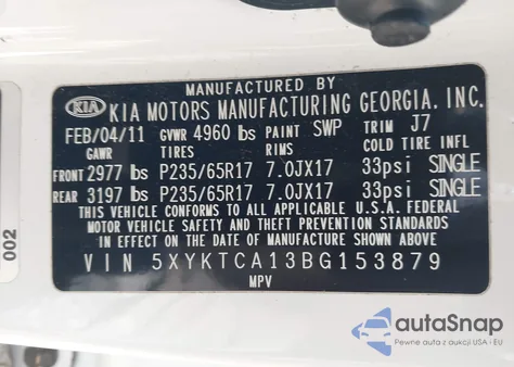 2011 Kia Sorento Lx z USA, uszkodzony, nr VIN 5XYKTCA13BG153879